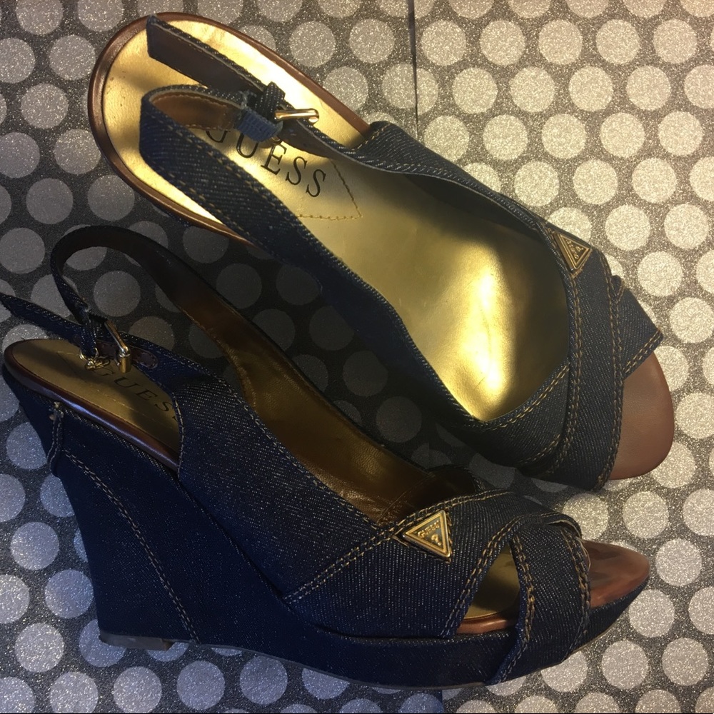 Guess Blue Denim Western Slingback wedges sz 7.5